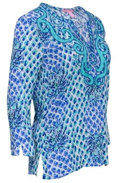 Lilly Pulitzer - Blue Printed Peasant Blouse w/ Sequins Sz XS