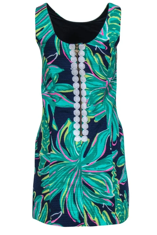 Lilly Pulitzer - Navy, Green & Pink Palm Tree Print Cotton Shift Dress Sz 0