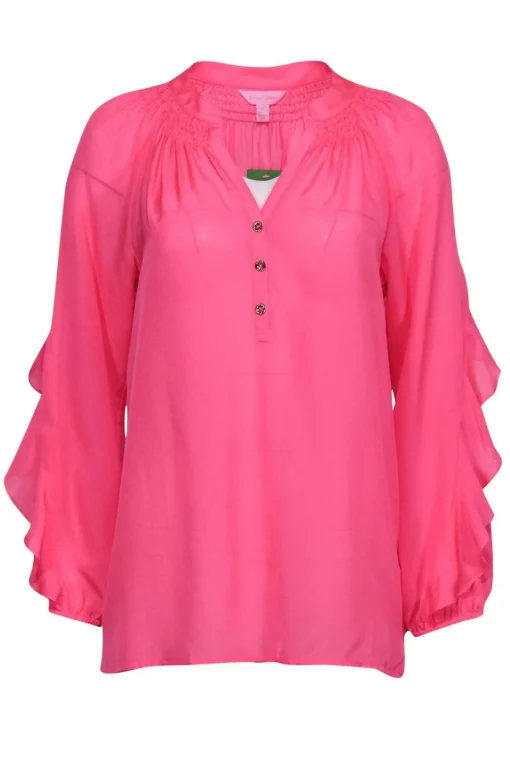 Lilly Pulitzer - Neon Pink Silk Peasant Top w/ Ruffles Sz S