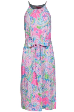Lilly Pulitzer - Neon Pink & Multicolor Floral Print Belted “Marry” Midi Dress Sz M