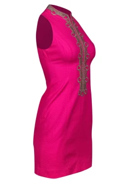 Lilly Pulitzer - Neon Pink Textured Sleeveless Shift Dress w/ Gold Embroidery Sz 00