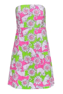 Lilly Pulitzer - Pink & Green Strapless Dress w/ Leopardsr Detail Sz 8