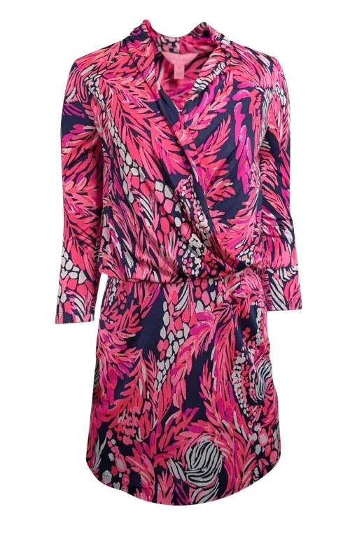 Lilly Pulitzer - Pink & Navy Leaf Print Silk Blouson Dress Sz XS