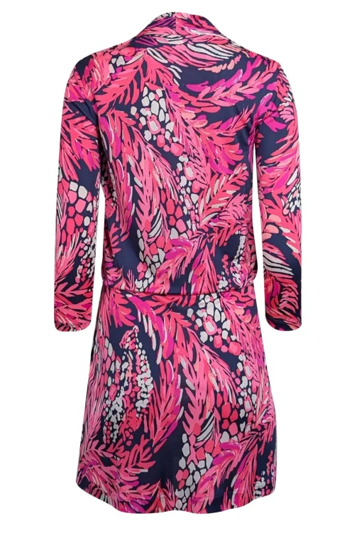 Lilly Pulitzer - Pink & Navy Leaf Print Silk Blouson Dress Sz XS