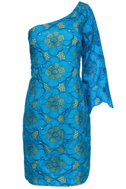 Lilly Pulitzer - Teal Lace Floral One-Shoulder Dress w/ Yellow Slip Sz 14