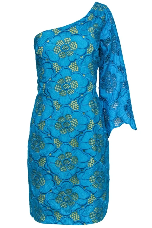 Lilly Pulitzer - Teal Lace Floral One-Shoulder Dress w/ Yellow Slip Sz 14
