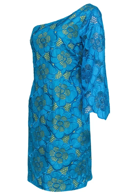 Lilly Pulitzer - Teal Lace Floral One-Shoulder Dress w/ Yellow Slip Sz 14
