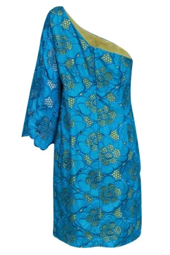 Lilly Pulitzer - Teal Lace Floral One-Shoulder Dress w/ Yellow Slip Sz 14