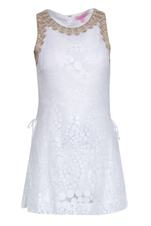 Lilly Pulitzer - White Lace Romper w/ Gold Trim Sz 0