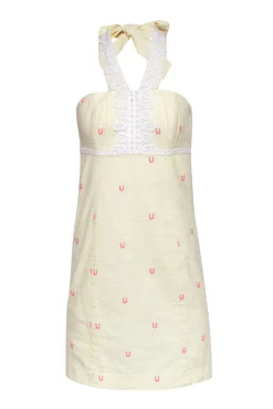 Lilly Pulitzer - Yellow, White & Pink Striped & Horseshoe Embroidered Cotton Halter Dress Sz 00