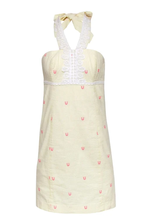 Lilly Pulitzer - Yellow, White & Pink Striped & Horseshoe Embroidered Cotton Halter Dress Sz 00