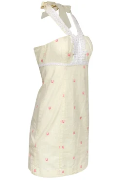 Lilly Pulitzer - Yellow, White & Pink Striped & Horseshoe Embroidered Cotton Halter Dress Sz 00