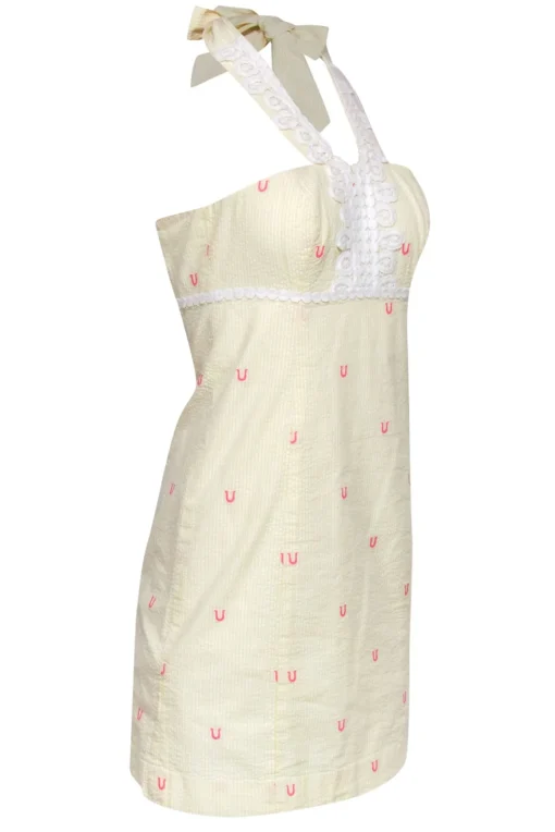 Lilly Pulitzer - Yellow, White & Pink Striped & Horseshoe Embroidered Cotton Halter Dress Sz 00