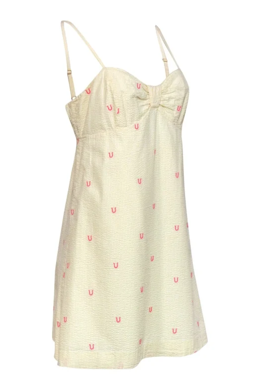 Lilly Pulitzer - Yellow, White & Pink Striped & Horseshoe Embroidered Cotton Dress Sz 12