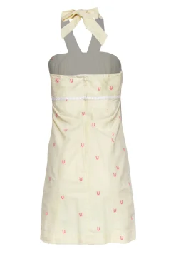 Lilly Pulitzer - Yellow, White & Pink Striped & Horseshoe Embroidered Cotton Halter Dress Sz 00
