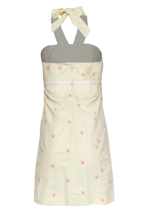 Lilly Pulitzer - Yellow, White & Pink Striped & Horseshoe Embroidered Cotton Halter Dress Sz 00