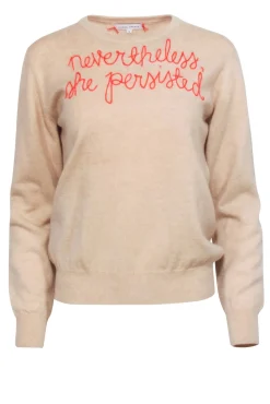 Lingua Franca - Beige Cashmere Sweater w/ Red Embroidered Script Sz S