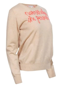 Lingua Franca - Beige Cashmere Sweater w/ Red Embroidered Script Sz S