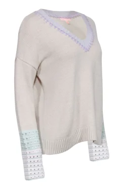 Lisa Todd - Cream Cotton Blend Sweater w/ Whipstitch Trim & Crochet Cuffs Sz M