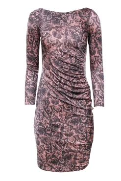 L.K. Bennett - Grey & Pink Snakeskin Print Ruched Midi Dress Sz 2