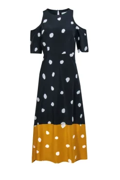 L.K. Bennett - Navy, Mustard & White Polka Dot Cold Shoulder High-Low Maxi Dress Sz 4