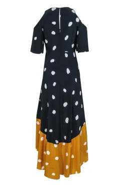 L.K. Bennett - Navy, Mustard & White Polka Dot Cold Shoulder High-Low Maxi Dress Sz 4