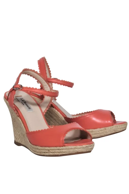 L.K. Bennett - Pink Leather Scalloped Woven Peep Toe Wedges Sz 7