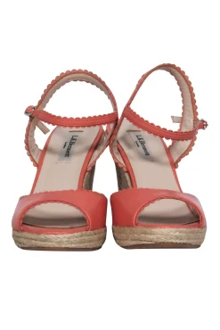 L.K. Bennett - Pink Leather Scalloped Woven Peep Toe Wedges Sz 7