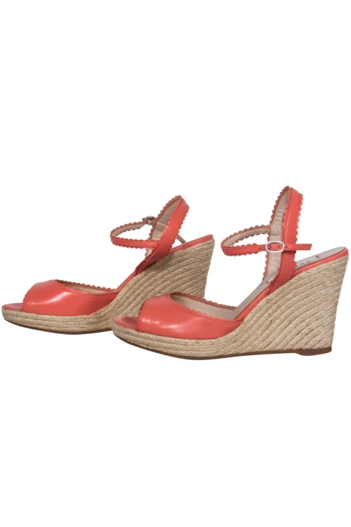 L.K. Bennett - Pink Leather Scalloped Woven Peep Toe Wedges Sz 7