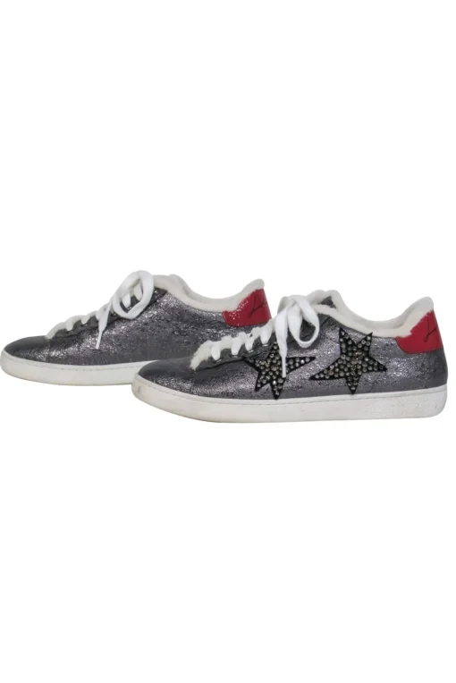 Lola Cruz - Silver Leather Low Top Sneakers w/ Jeweled Star Embellishments Sz 8