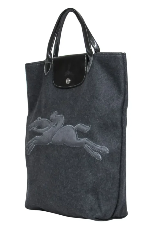 Longchamp - Dark Grey Wool Snap “Victoire” Tote w/ Embroidered Logo