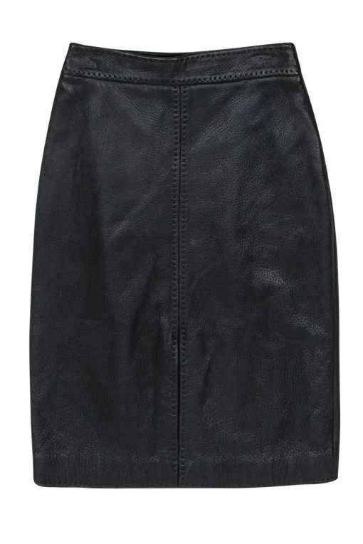 Loro Piana - Black Pebbled Leather Pencil Skirt w/ Front Slit Sz 6