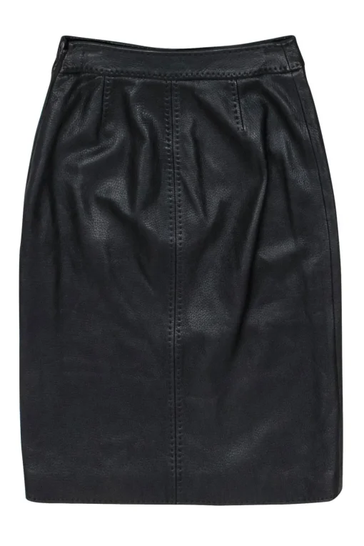 Loro Piana - Black Pebbled Leather Pencil Skirt w/ Front Slit Sz 6