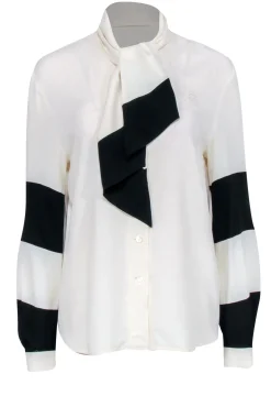 Louis Feraud  - Cream & Black Colorblocked Long Sleeve Silk Blend Blouse w/ Tie Sz 4