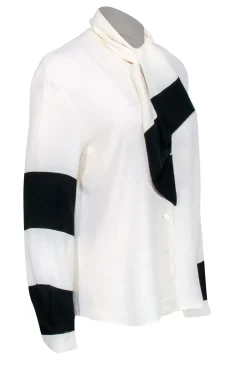 Louis Feraud  - Cream & Black Colorblocked Long Sleeve Silk Blend Blouse w/ Tie Sz 4