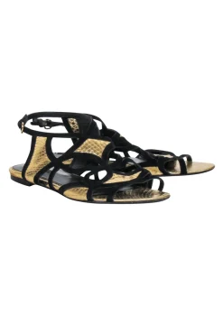 Louis Vuitton - Gold & Black Python Embossed Strappy Gladiator Sandals Sz 9.5