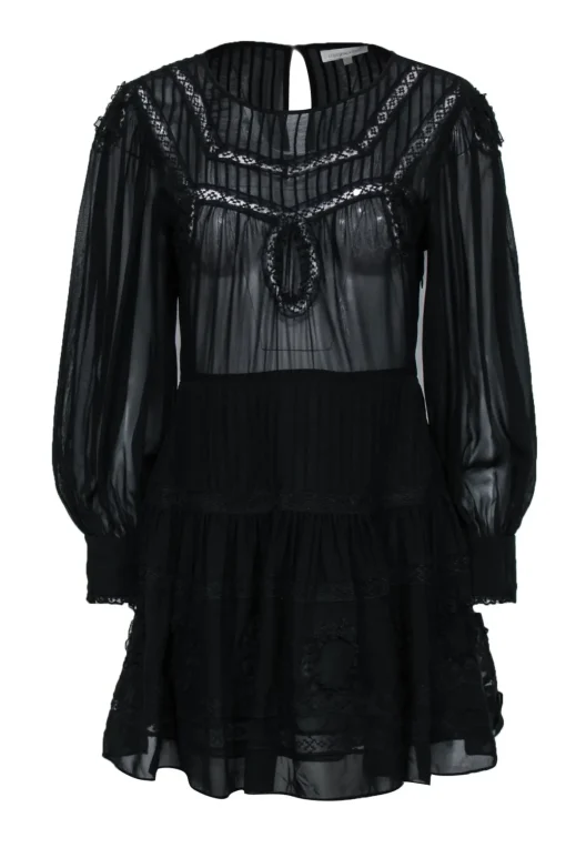 LoveShackFancy - Black Peasant-Style Silk Dress w/ Lace Sz S