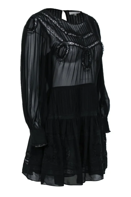 LoveShackFancy - Black Peasant-Style Silk Dress w/ Lace Sz S