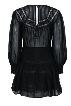 LoveShackFancy - Black Peasant-Style Silk Dress w/ Lace Sz S
