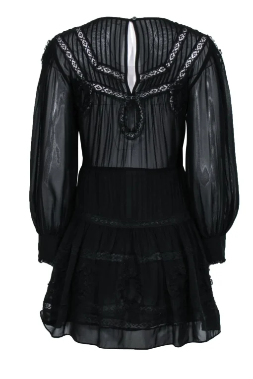 LoveShackFancy - Black Peasant-Style Silk Dress w/ Lace Sz S