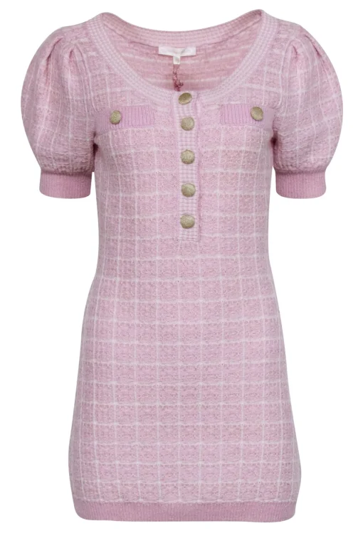 LoveShackFancy - Pink & White Tweed Short Sleeve Knit Dress Sz S