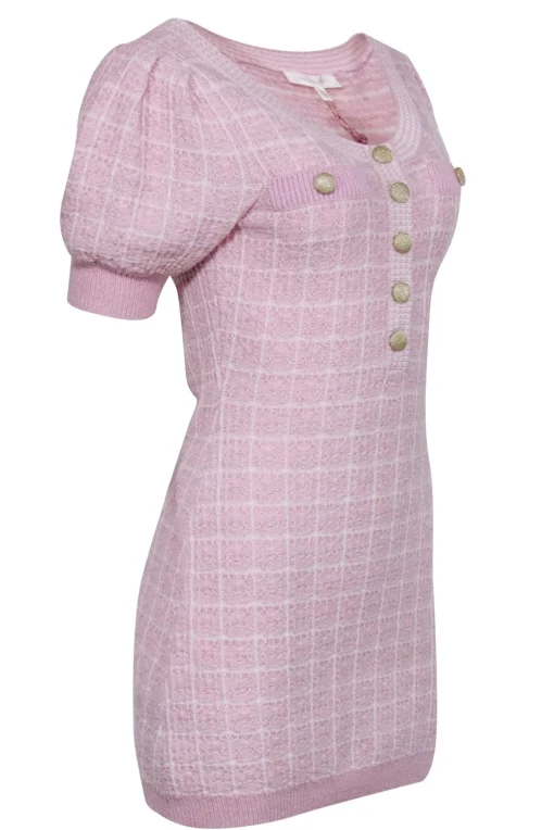 LoveShackFancy - Pink & White Tweed Short Sleeve Knit Dress Sz S