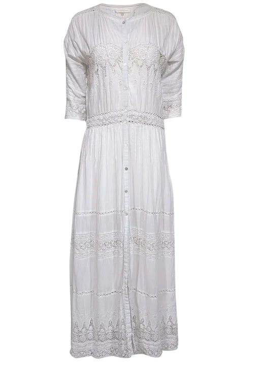 LoveShackFancy - White Eyelet Trim Cotton Button Front Maxi Dress Sz M