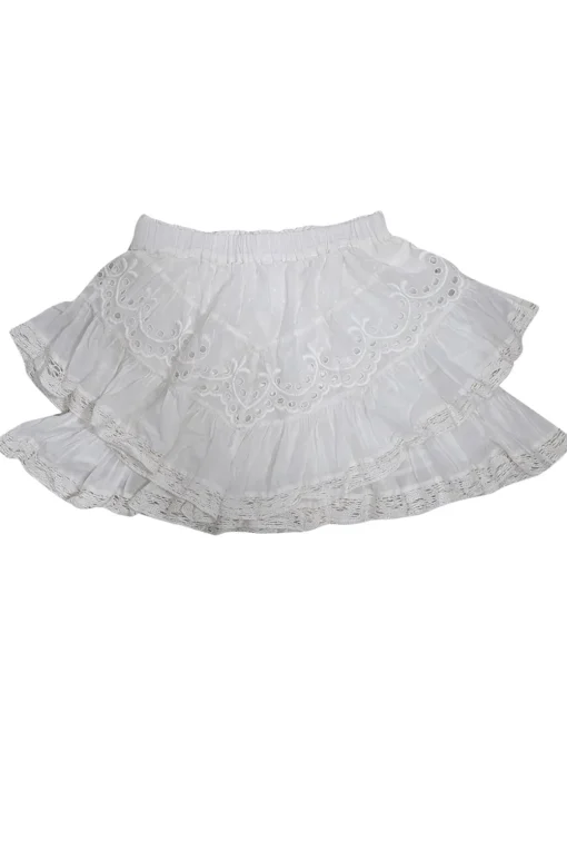 LoveShackFancy - White Ruffled Mini Skirt w/ Eyelet Lace Trim Sz XS
