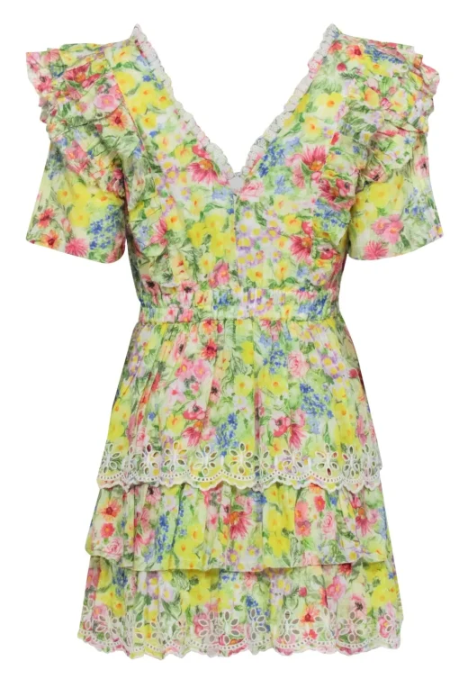 LoveShackFancy - Yellow Multicolor Floral Print Dress w/ Eyelet Trim Sz S
