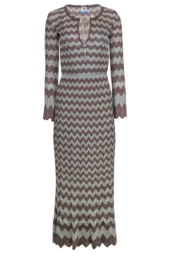 M Missoni - Light Blue, Gold & Burgundy Metallic Chevron Knit Maxi Dress Sz 2