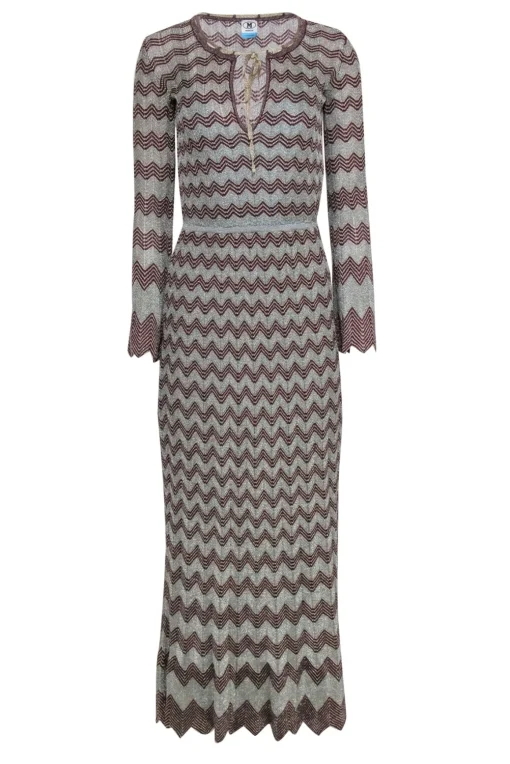 M Missoni - Light Blue, Gold & Burgundy Metallic Chevron Knit Maxi Dress Sz 2