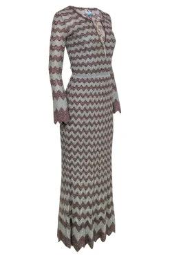 M Missoni - Light Blue, Gold & Burgundy Metallic Chevron Knit Maxi Dress Sz 2