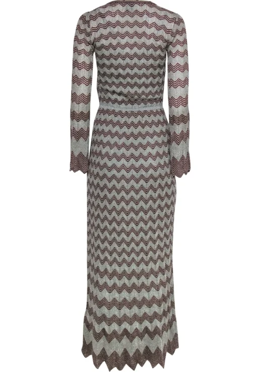 M Missoni - Light Blue, Gold & Burgundy Metallic Chevron Knit Maxi Dress Sz 2