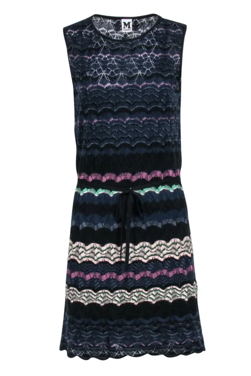 M Missoni - Navy and Multicolored Stripe Sleeveless Knit Dress Sz S